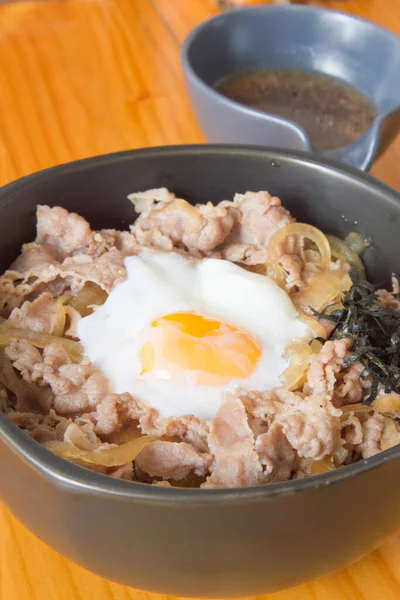 Fried Pork Rice Soy Sauce Poached Egg — Stock Photo, Image