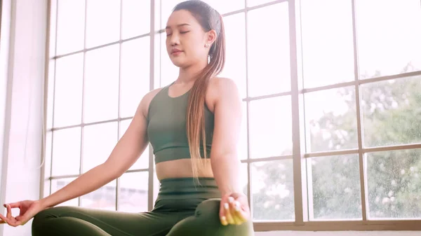 Young Asian Woman Doing Yoga Exercise Home — 스톡 사진