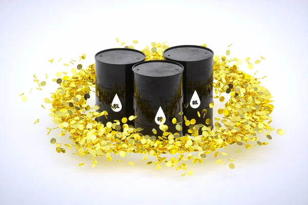 Imagem de renderização 3d de barris de óleo dentro do círculo de moedas de ouro — Fotografia de Stock