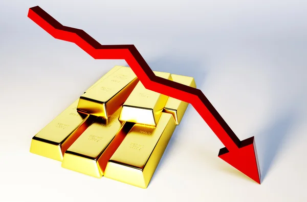 3d render image of golden bars with declining graph — Stock Photo, Image