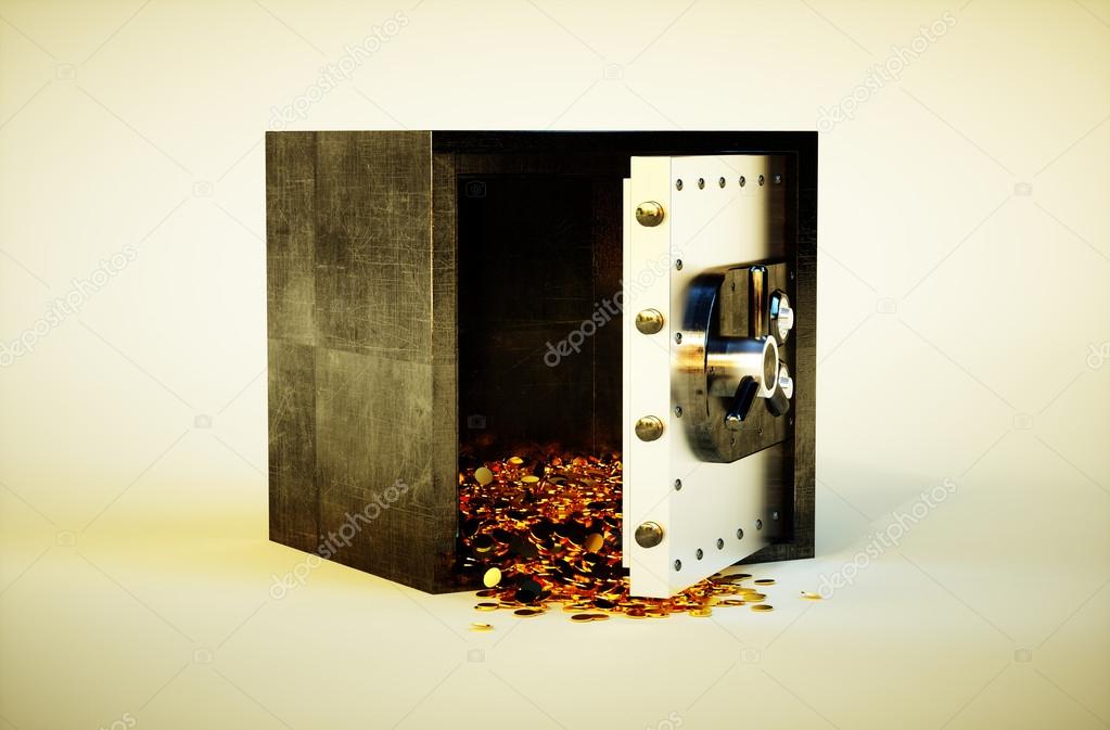 3d photo realistic vivid image of safe deposit box with golden coins