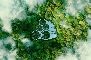 Ormanın ortasında kütük şeklinde bir göl, sürdürülebilir kereste endüstrisi ve orman tahribatı için bir metafor görevi görüyor. 3d oluşturma.