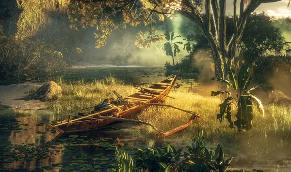 Concept Paysage Préhistorique Avec Bateau Indigène Forêt Vierge Voyage Aventureux — Photo