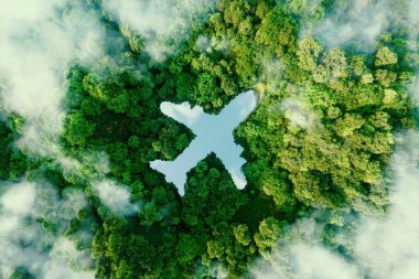 Dokunulmamış doğanın ortasında, uçak şeklinde bir göl. Hava taşımacılığı, seyahat ve eko-turizmin ekolojisini gösteren bir kavram. 3d oluşturma.