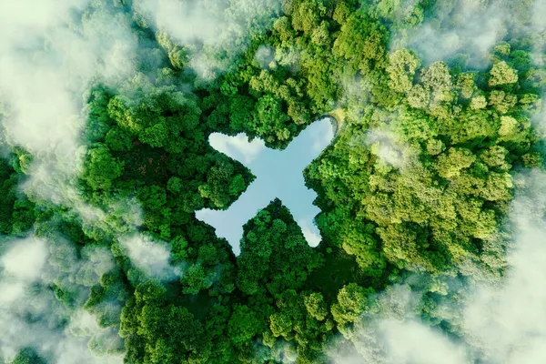 Dokunulmamış doğanın ortasında, uçak şeklinde bir göl. Hava taşımacılığı, seyahat ve eko-turizmin ekolojisini gösteren bir kavram. 3d oluşturma.