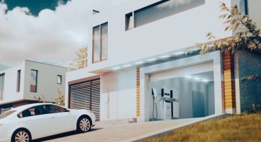 Güneş enerjisi, elektrik ve hidrojen arabalarını depolayan bir ev hidrojen sistemi konsepti. Açık garajı ve öğleden sonra ışığında arabası olan modern bir ev. 3d oluşturma.