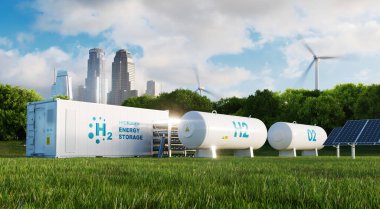 Fotovoltaik, rüzgar çiftlikleri ve arka planda bir şehir olan temiz bir ortamda hidrojenin elektrolizine dayalı bir enerji depolama sistemi kavramı. 3d oluşturma.