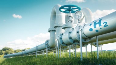 Enerji sektörünün doğal gazın yerini karbon nötr, güvenli ve bağımsız enerji kaynaklarına bıraktığını gösteren bir hidrojen boru hattı. 3d oluşturma
