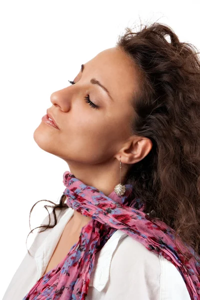 Beautiful young woman with pink scarf. — Stock Photo, Image