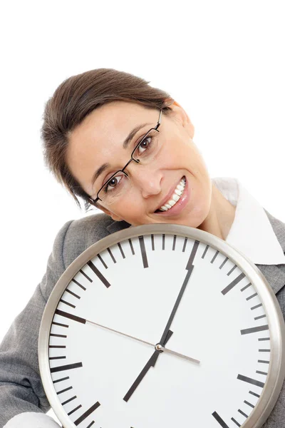 Joven Mujer Negocios Sonriendo Sosteniendo Reloj Sobre Fondo Blanco Imágenes De Stock Sin Royalties Gratis