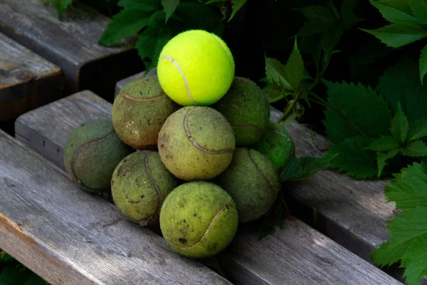 Eski kirli tenis topları piramit şeklinde bankın üzerine serilmiştir..