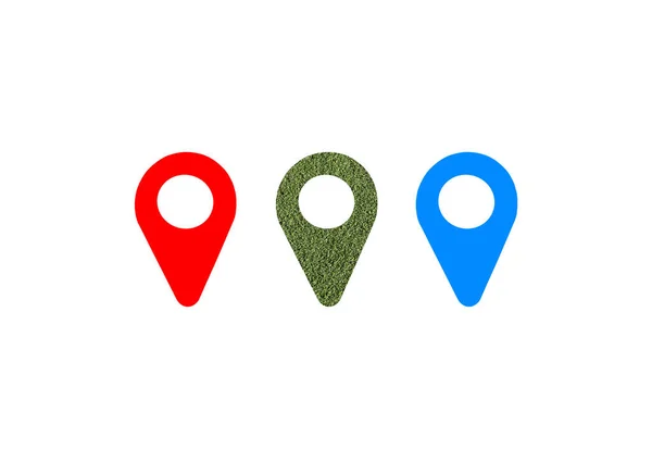 Drie Geo Lokaliseren Symbolen Witte Achtergrond Ontwerpelement Kunstmatig Groen Gras — Stockfoto