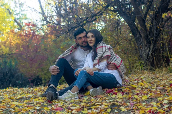 Jeune Couple Romantique Dans Parc Automne Couple Dans Jardin — Photo