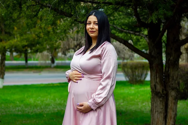 Den Gravide Kvinde Parken Smuk Kvinde Parken Gravid Kvinde Foråret - Stock-foto