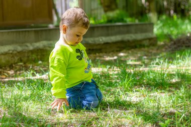 Küçük çocuk parkta oynuyor, küçük çocuk çimenlerde oynuyor.