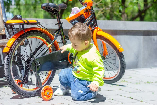 Маленький Ребенок Велосипедом Парке Маленький Мальчик Парке — стоковое фото