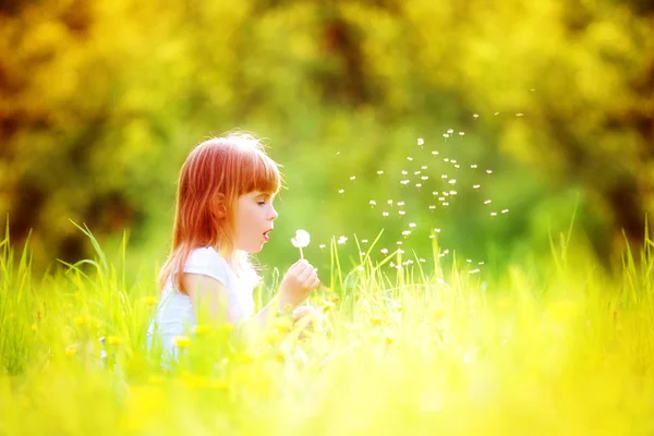 Happy child blowing dandelion outdoors in spring park — Stock Photo, Image