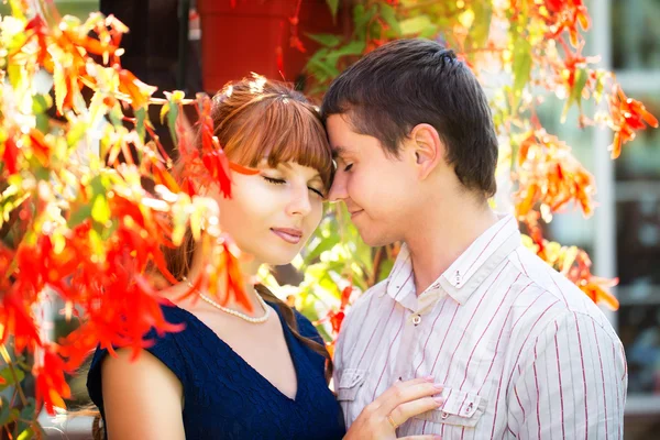 Outdoor portrait of young sensual couple. Love and kiss. Summer — Stock Photo, Image