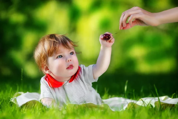 Happy baby ha kul i parken på en solig äng med körsbär. — Stockfoto