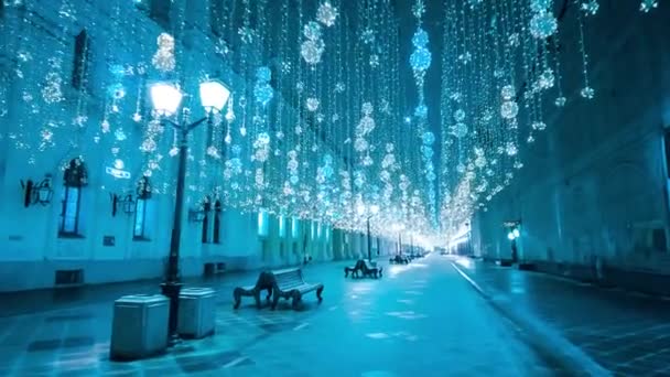 Noche Invierno Moscú Nieve Calle Nikolskaya Decorada Para Año Nuevo — Vídeos de Stock