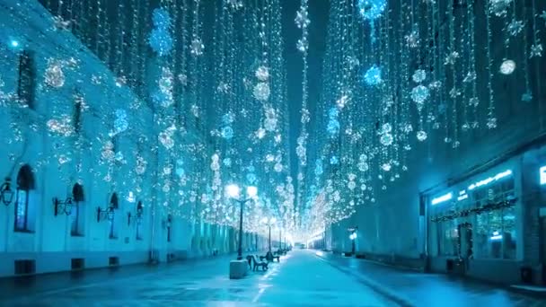 Noční Zima Moskva Sněhu Nikolská Ulice Vyzdobená Nový Rok Moskva — Stock video