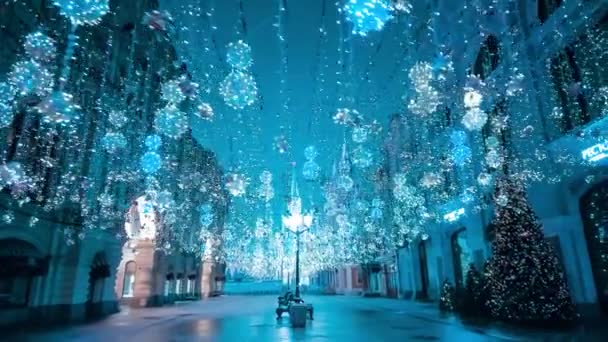 Noční Zima Moskva Sněhu Nikolská Ulice Vyzdobená Nový Rok Moskva — Stock video