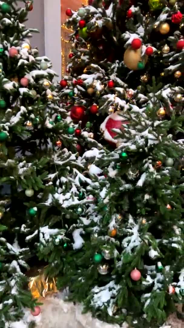 Christmas tree on street decorated for New Year. Vertical video format Night winter snow Moscow, Russia, December 19, 2021 — Vídeo de Stock