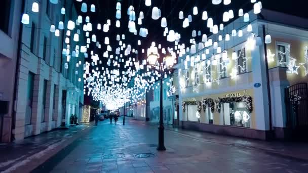 Rua Decorada Para Ano Novo Natal Noite Neve Inverno Moscou — Vídeo de Stock