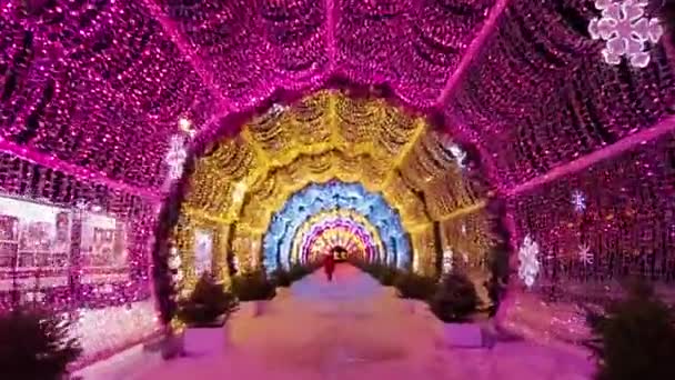 Rue Décorée Pour Nouvel Noël Neige Hivernale Nuit Moscou Russie — Video