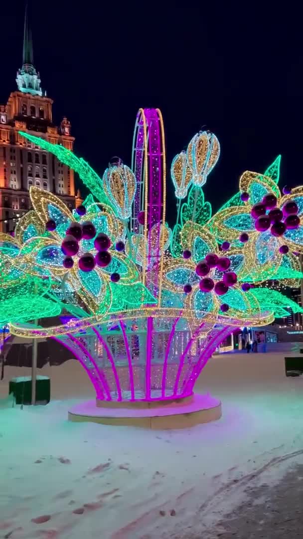 Street Decorated New Year Christmas Night Winter Snow Moscow Russia — Vídeo de Stock