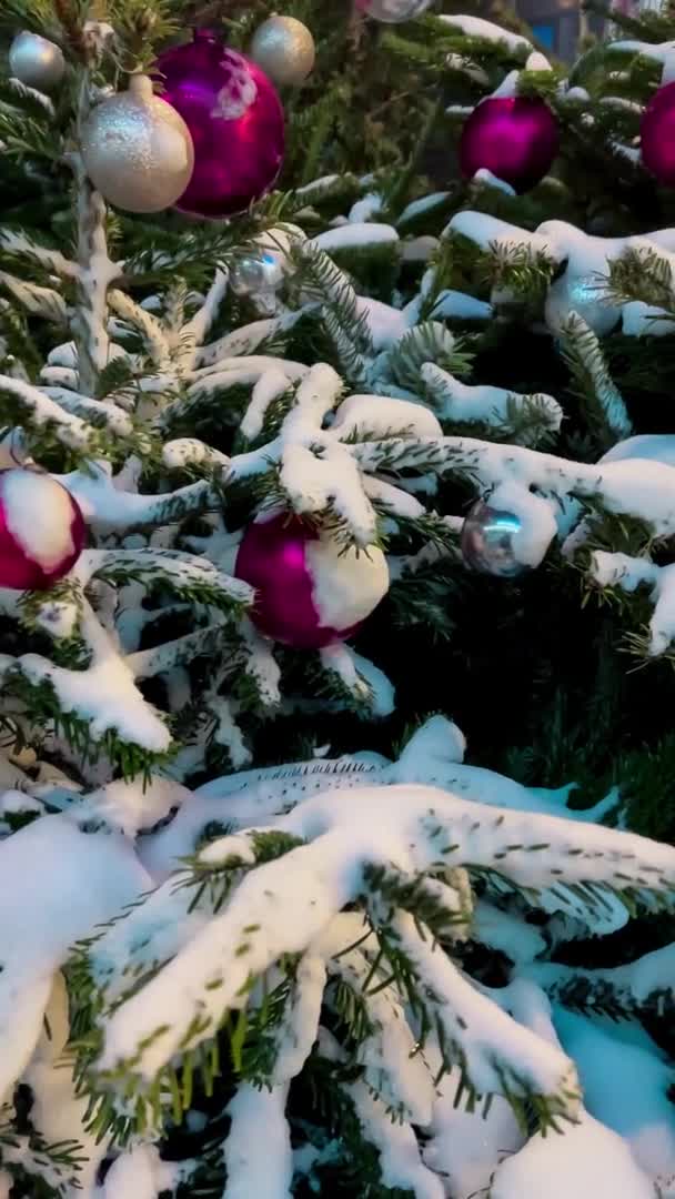 Arbre Noël Sur Rue Décoré Pour Nouvel Vidéo Verticale Neige — Video
