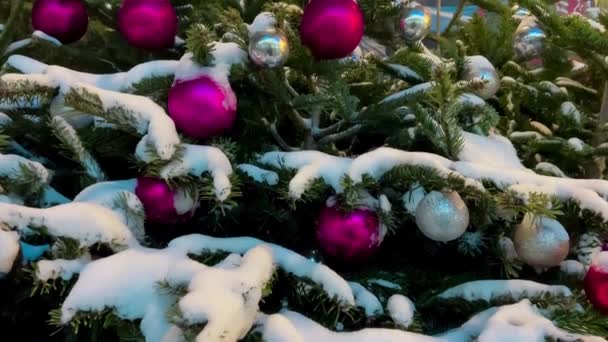 Рождественская Елка Улице Украшена Новому Году Ночной Зимний Снег Москва — стоковое видео