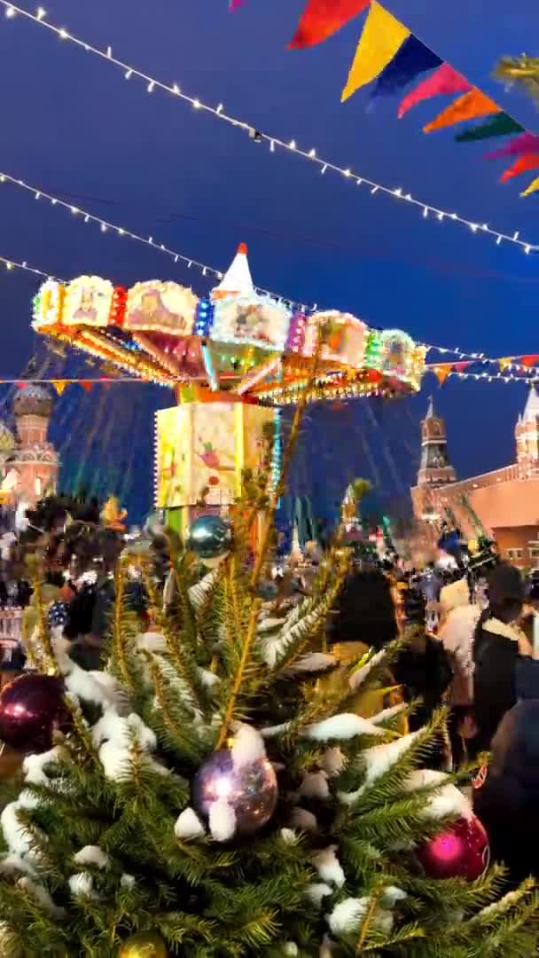 Street Decorated New Year Christmas Night Winter Snow Moscow Russia — Stockvideo