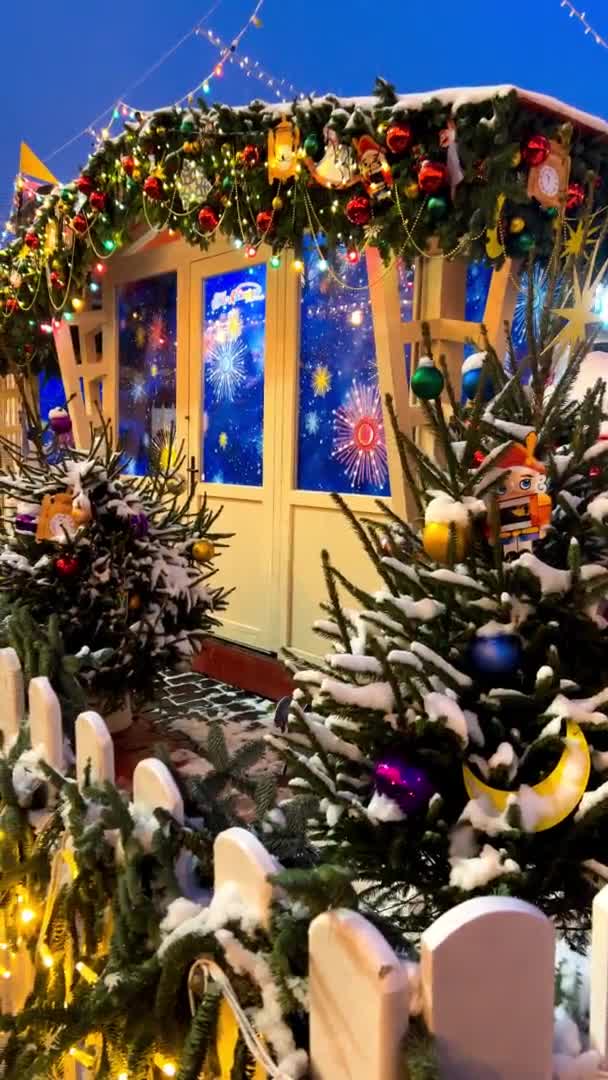 Οδός Διακοσμημένο Για Την Πρωτοχρονιά Και Χριστούγεννα Χιόνι Χειμώνα Νύχτα — Αρχείο Βίντεο
