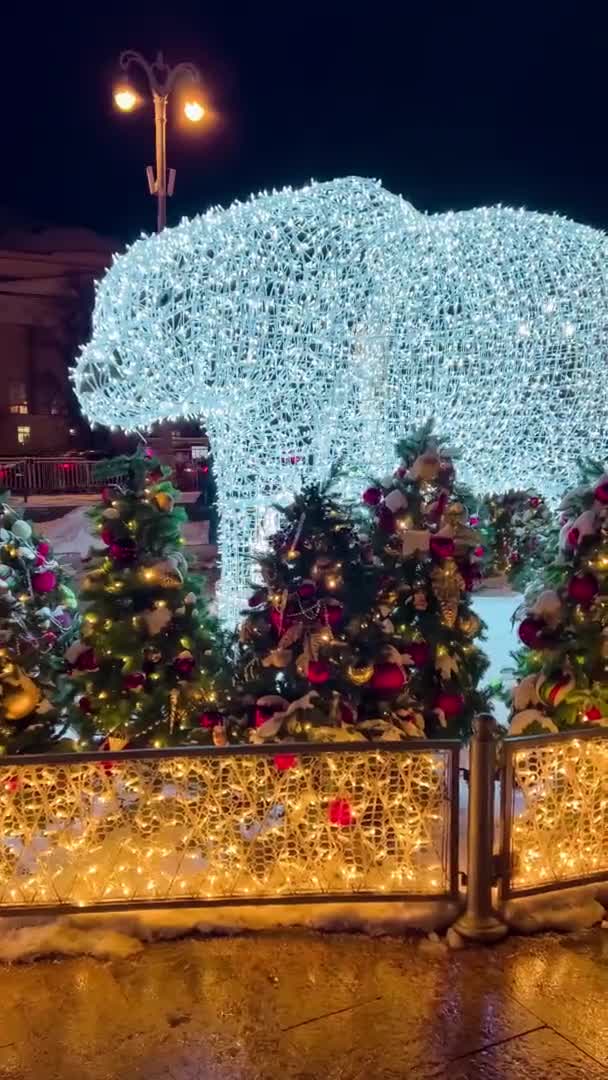 新年とクリスマスのために装飾された通り 夜の冬の雪モスクワ ロシア 2012年12月19日2021年垂直ビデオ形式高品質4K映像 — ストック動画