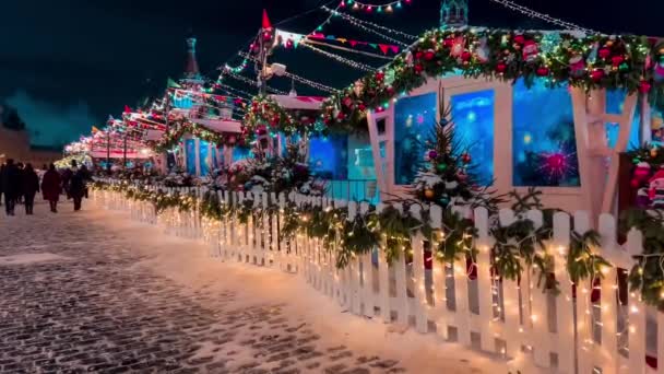 Street Decorated New Year Christmas Night Winter Snow Moscow Russia — Stock Video