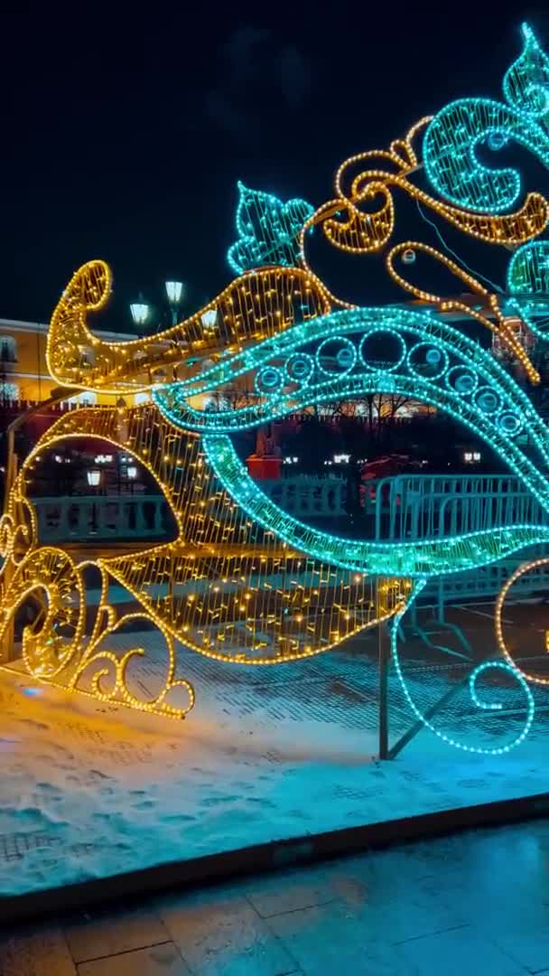 新年とクリスマスのために装飾された通り。夜の冬の雪モスクワ,ロシア, 2021年12月19日垂直ビデオフォーマット — ストック動画