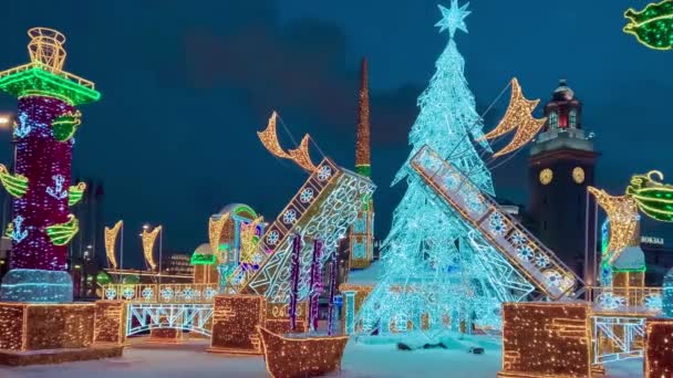 Jalan Didekorasi Untuk Tahun Baru Dan Natal Salju Musim Dingin — Stok Video