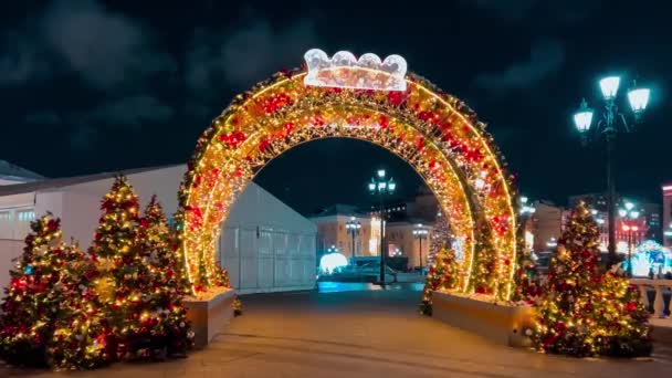 Street Decorated New Year Christmas Night Winter Snow Moscow Russia — Vídeo de Stock