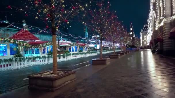 Street Decorated New Year Christmas Night Winter Snow Moscow Russia — Stockvideo