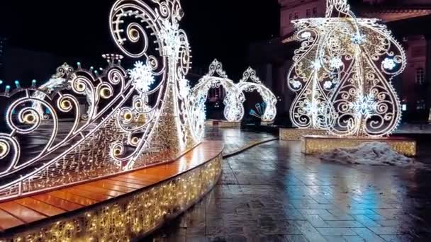 Rue Décorée Pour Nouvel Noël Neige Hivernale Nuit Moscou Russie — Video