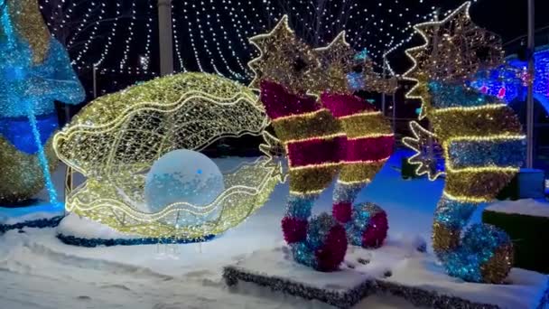 Calle Decorada Para Año Nuevo Navidad Noche Invierno Nieve Moscú — Vídeo de stock