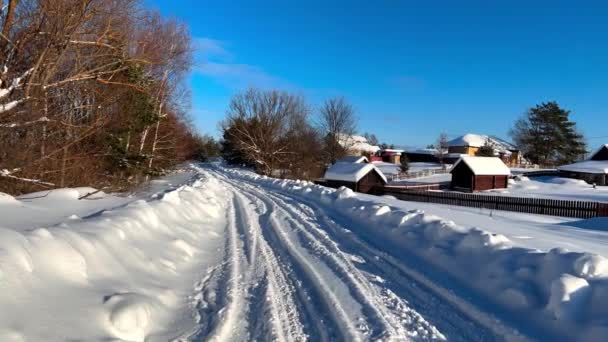 Χιονισμένο Δάσος Χειμώνα Ύπαιθρο Ξύλινο Κούτσουρο Σπίτια Ρωσική Χωριό Καλύπτονται — Αρχείο Βίντεο
