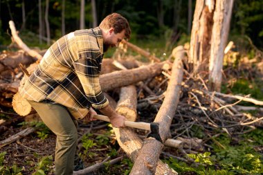 Yakacak odun kesiyorum. Odun kesiyorum. Balta erkeklerin elinde. Lumbermans ekipmanı.