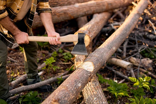 Madera aserrada. Cultivado Fuertes manos masculinas picando el tronco con un hacha, en el bosque — Foto de Stock
