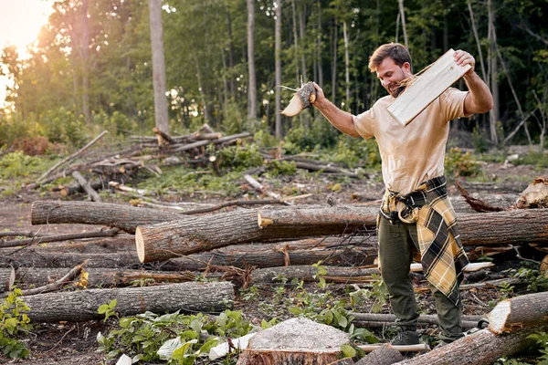 Lamberman is splitting firewood up while chopping it with an ax, dividing — Stock Photo, Image