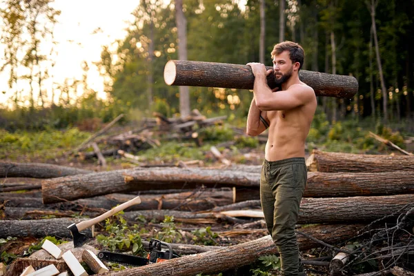 Leñador barbudo sosteniendo el tronco en los hombros. Brutal leñador barbudo con hacha en bosque de invierno —  Fotos de Stock