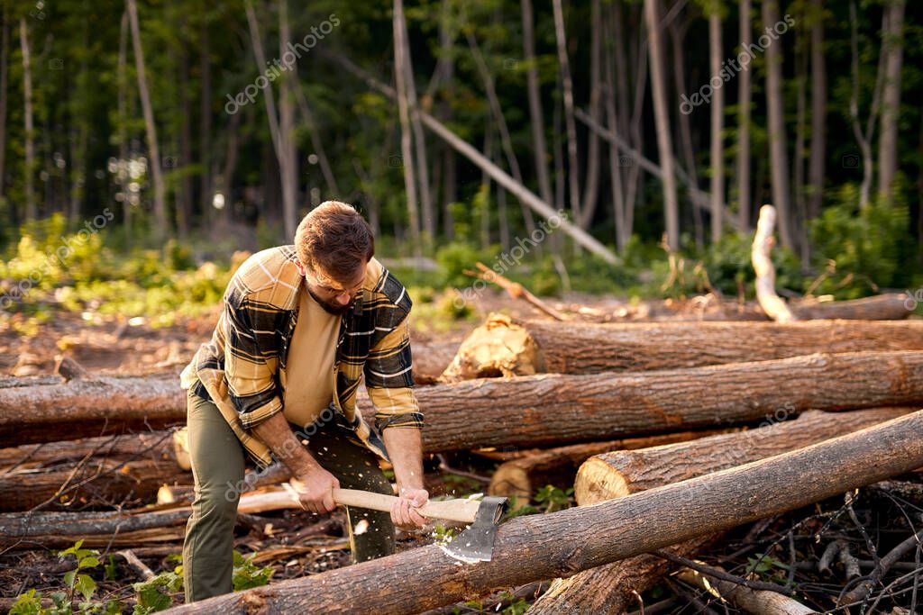 Giovane taglia legna con ascia nella foresta. ragazzo in abiti da lavoro  taglia albero in tronchi - Foto Stock: Foto, Immagini © romanchazov27  514390774