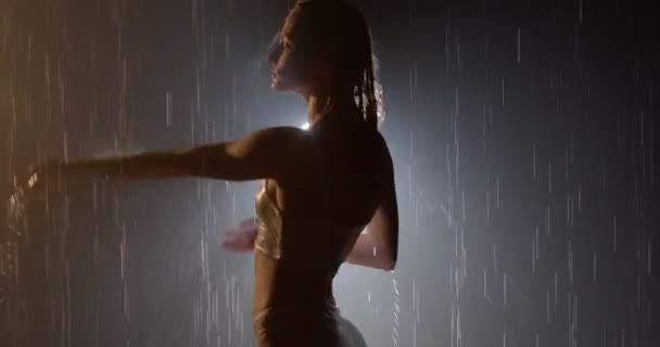 Seksi model yağmur altında poz veriyor. Düşen yağmur damlaları ve sanatsal manzaralı dumanlar. — Stok video