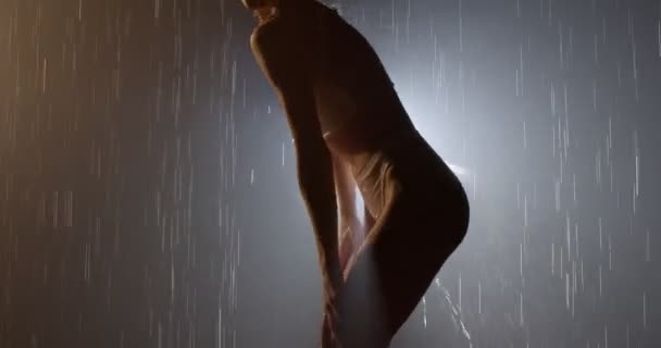 Yağmurun altında poz veren ince bir kadın. Düşen yağmur damlaları ve sanatsal manzaralı dumanlar. — Stok video